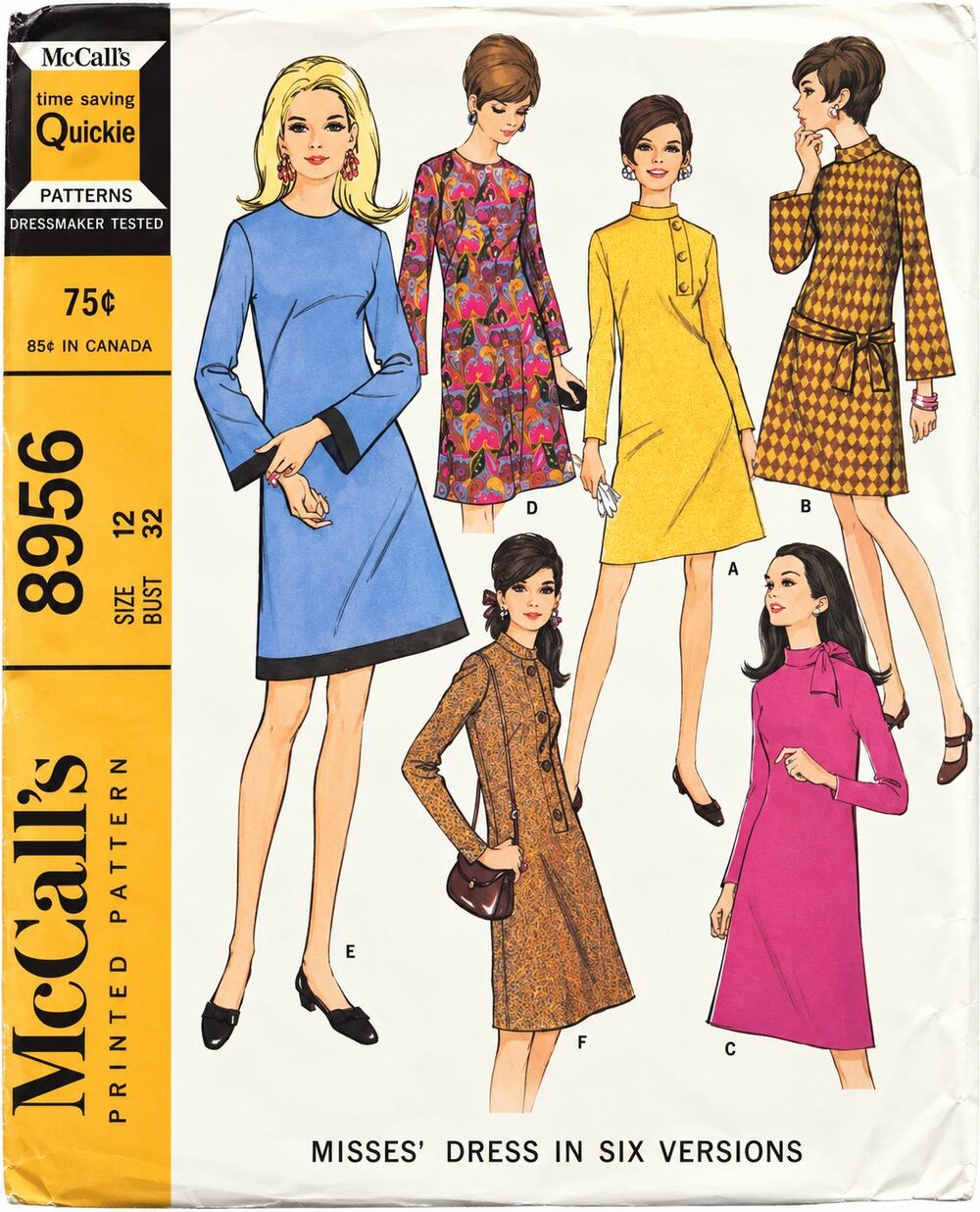 Vintage 1970’s McCalls Dress Pattern 8956 Sz 12 6 Versions French Darts Uncut